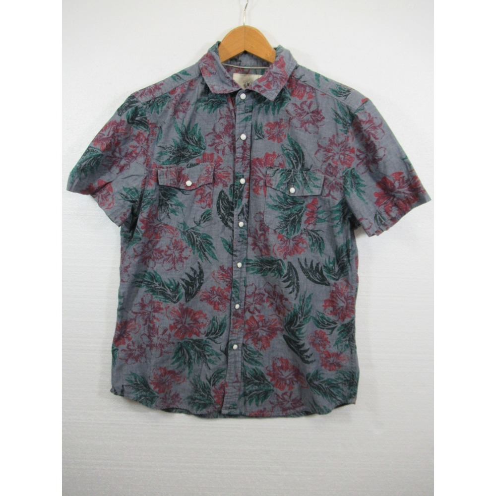 Roebuck & Co Hibiscus Print Snap Up Shirt Men Medium Blue Short Sleeve Cotton